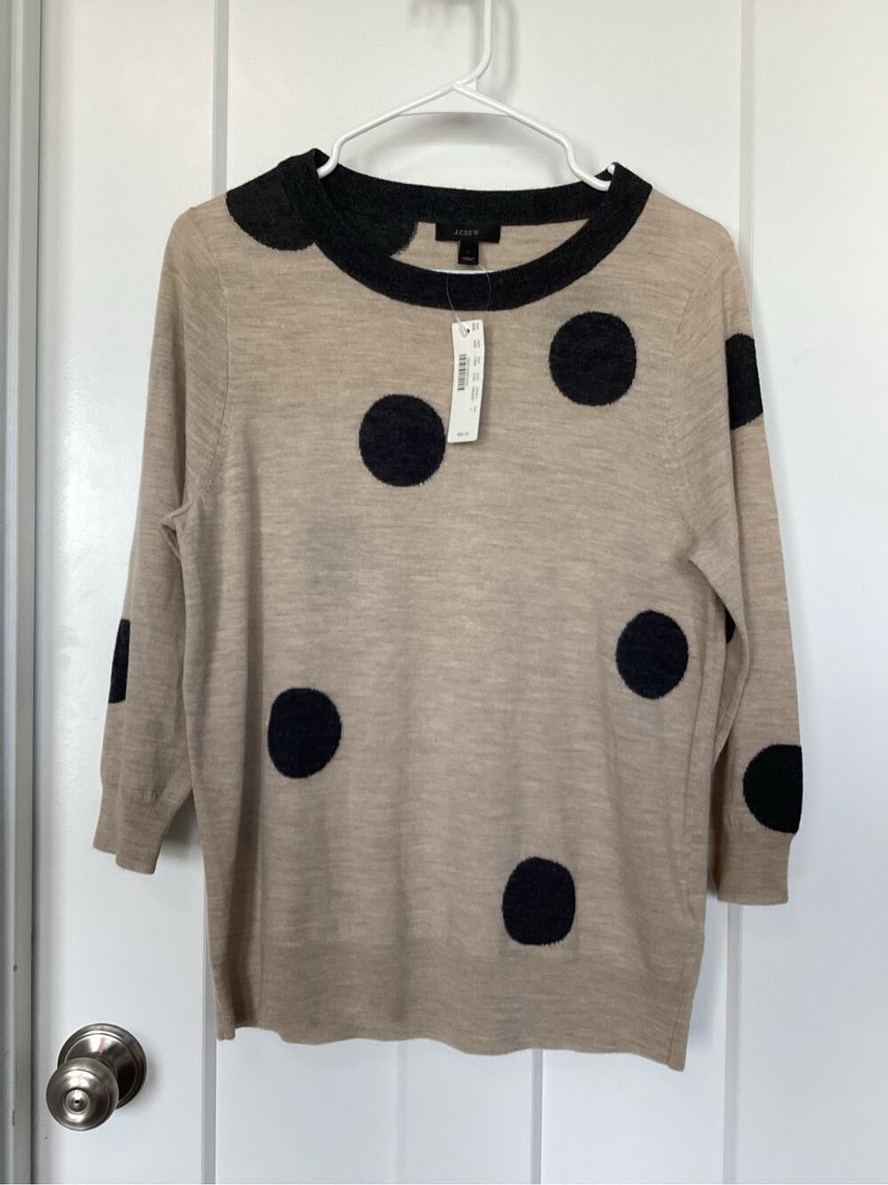 NWT J. Crew Tan Merino Wool Crewneck Sweater womens size Large polkadot